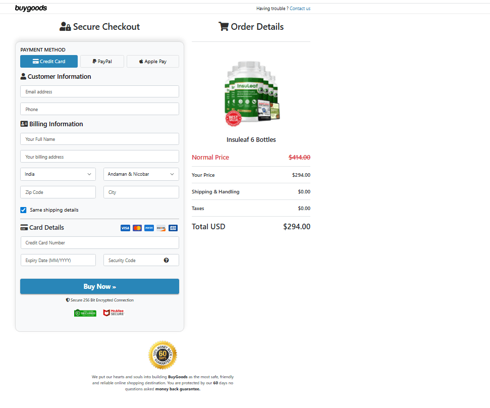 Insuleaf  Secure Checkout page